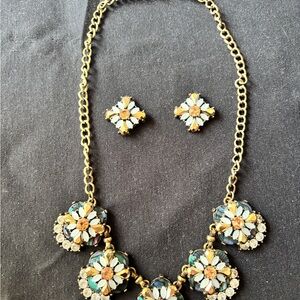 Vintage Faux Opal Crystal Rhinestone Necklace & Earring Set Gorgeous Color